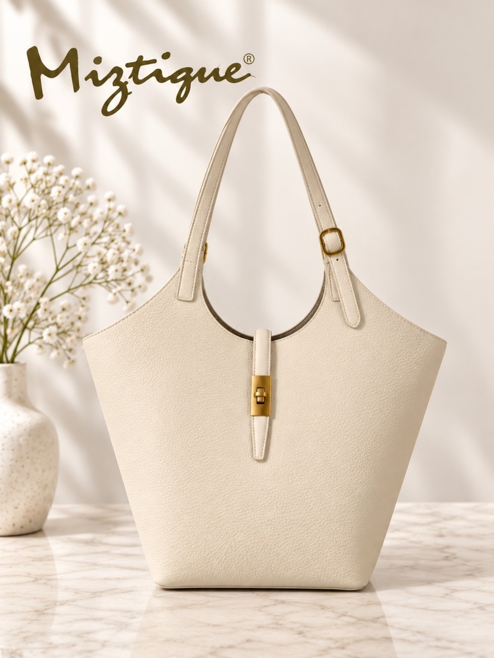 Miztique Minimalist Cream Pebbled Faux Leather Tote Bag with Gold Hardware